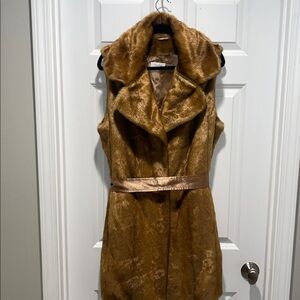 Calvin Klein Honey Gold Faux Fur Vest NWT 
Belt collar longline pockets luxury